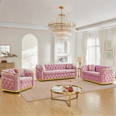 Ensemble de canapé Chesterfield de luxe 3 pièces en velours rose, canapé 3 places 84,6 ", causeuse 62,6" et canapé 1 place 40,6 "pour le salon avec décoration en acier inoxydable doré et 6 coussins, rose