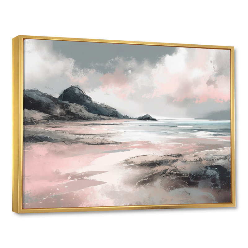 «Pink Coastal Waves I - Modern Beach», reproduction sur toile, H 34 po x l 44 po x P 1,5 po, Cadre flottant doré