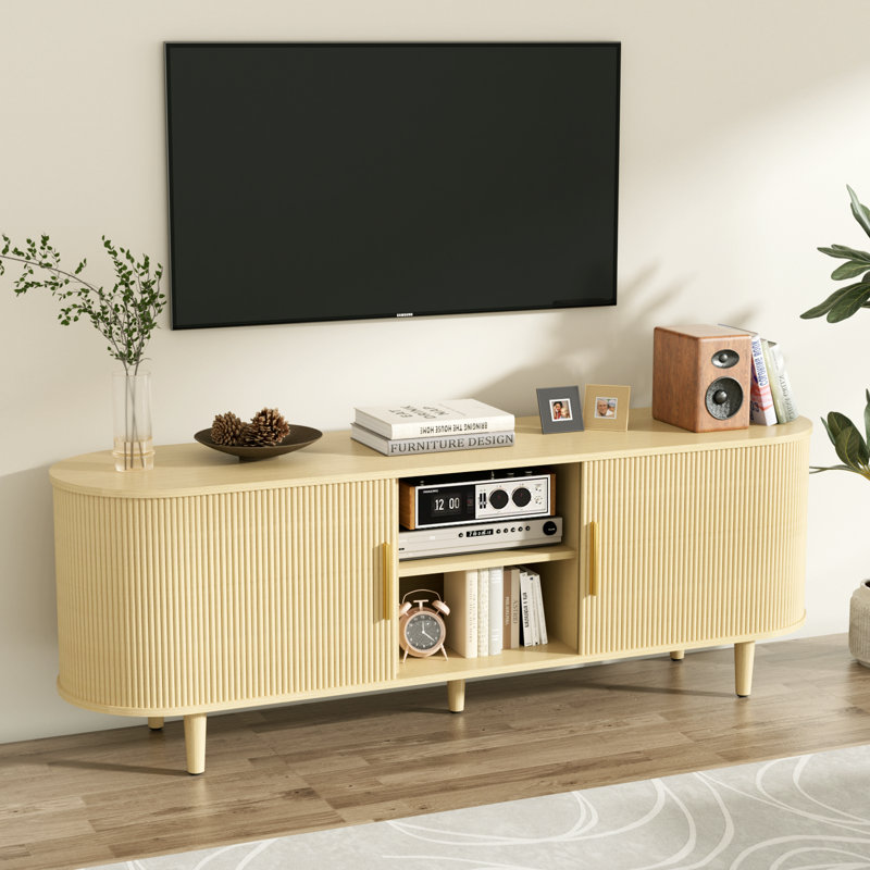 63" Curved tv stand with fluted silding door, Adjustable Storage shelves, Light Wood tv table with cable management and supportive feet and  gold handle Fit Up To 65" Tvs for living room