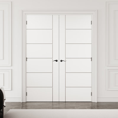 Porte française moulée à 6 panneaux de 56 po x 80 po avec quincaillerie noire, loquet et levier de porte, dalle de porte unie, peignable et imperméable, combinaison pour la lessive, portes de placard, portes de pièce, assemblage requis