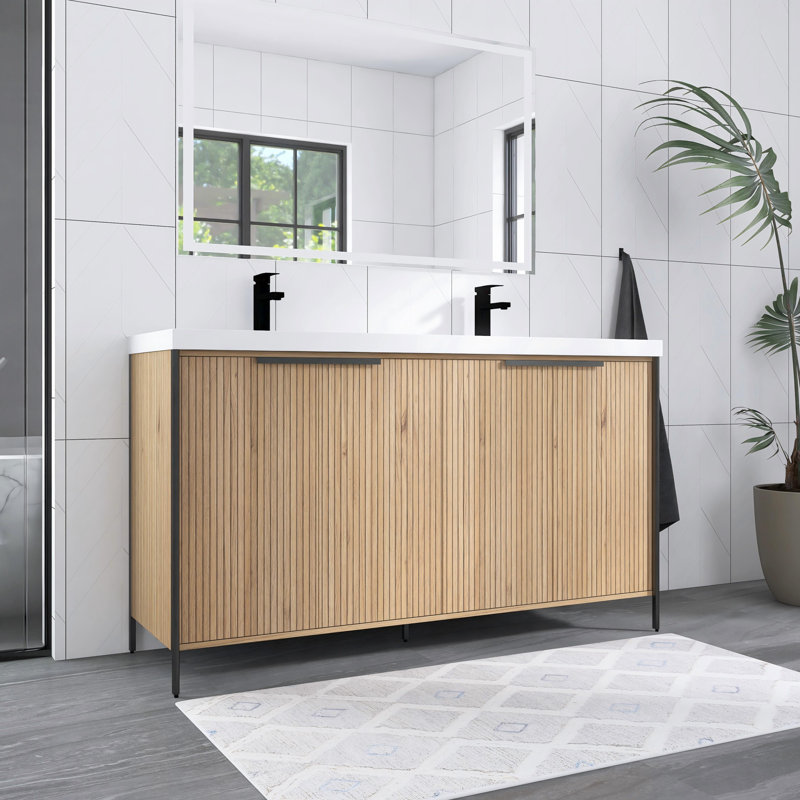 Meuble-lavabo double autoportant de 60 pouces avec lavabo en résine et 4 portes d'armoire à fermeture en douceur