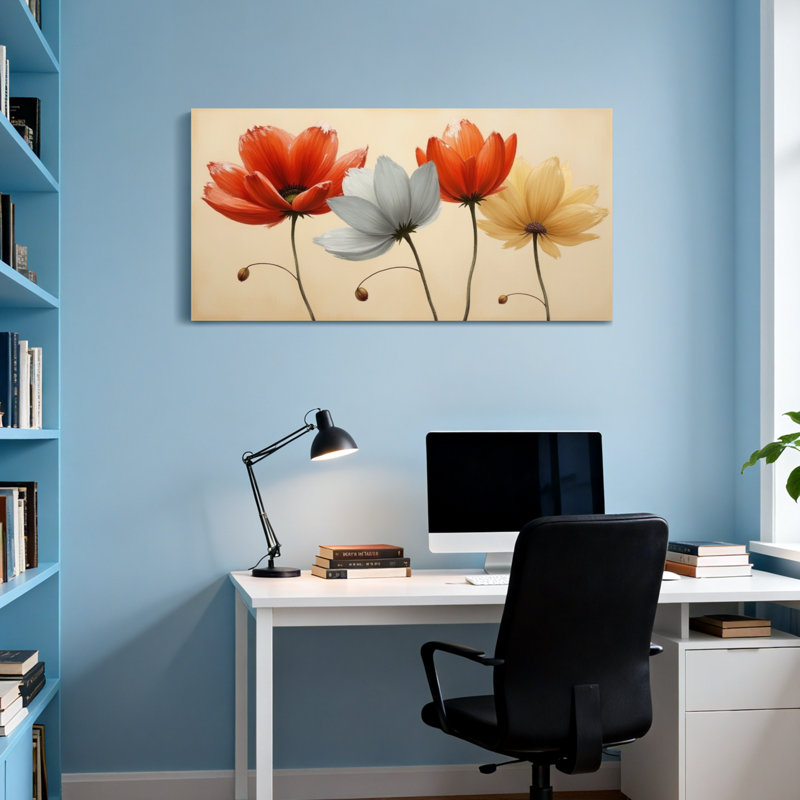 Plantes et fleurs, art sur toile rouge, blanc, orange et jaune, H 24 po x l 48 po