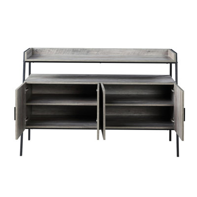Meuble télé A 52 po en chêne gris et noir, structure en métal, 4 portes de rangement, 1 compartiment ouvert, compatible avec les systèmes de 59 à 59