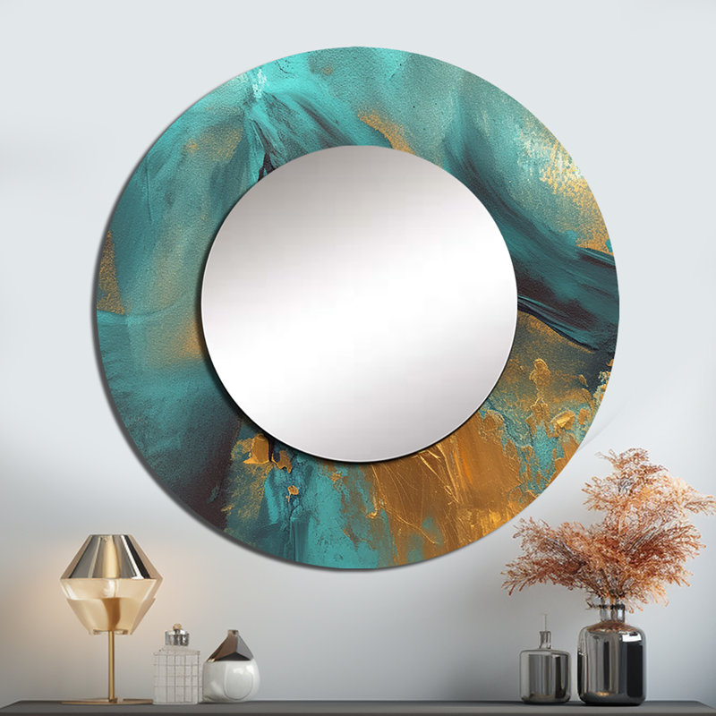 Mediterranee méditerranéen II - abstrait miroir mural unique, grand miroir rond bleu sarcelle, impression d'art en métal