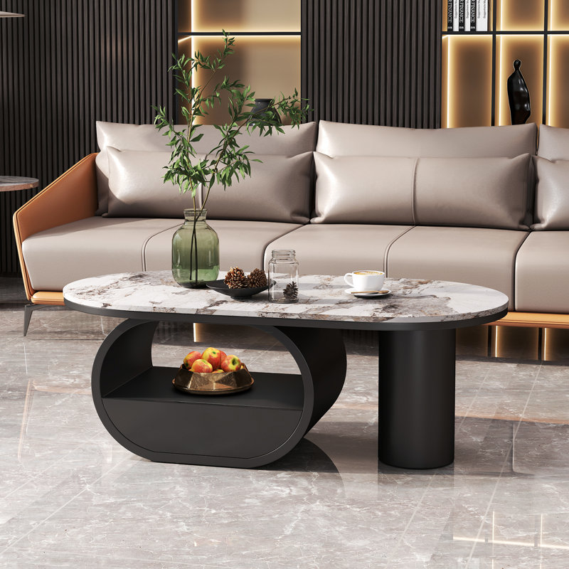 Table basse 47,24 "à motif de marbre moderne, table de centre ovale de luxe avec tiroir de rangement et tablette