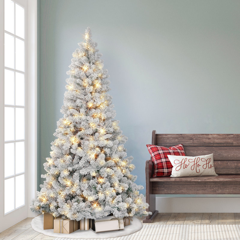Pre-Lit White Pine Flocked Artificial Christmas Tree with LED Lights, 6ft H