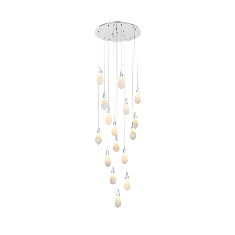 Luminaire suspendu rond 28 po en albâtre Forrester, H 128 po x l 28 po x P 28 po, Chrome chrome