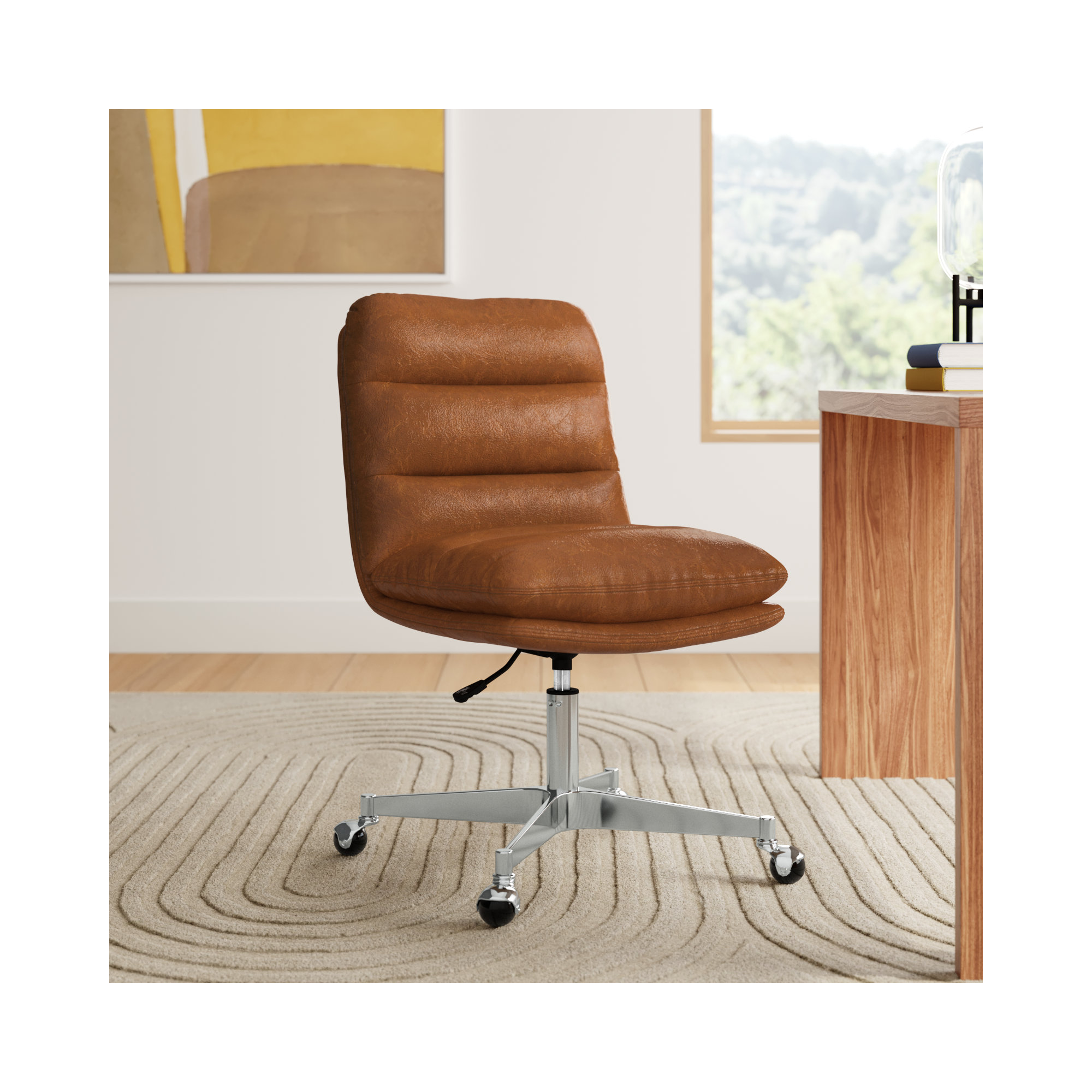 Paynesville Swivel Office Task Chair with Wheels, Cognac Faux Leather, Faux Leather