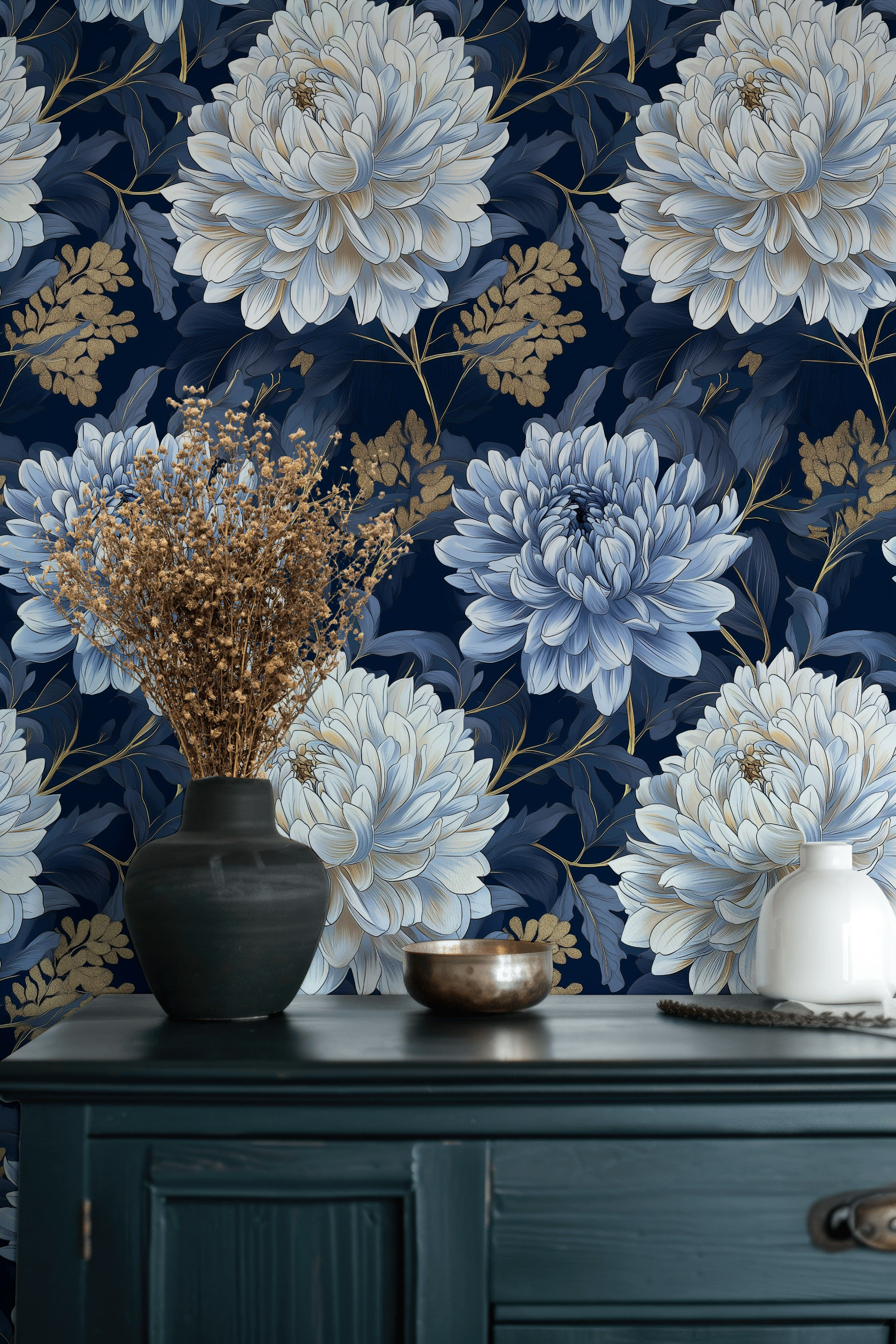 Lark Manor Elegant Blue Floral Wallpaper Wall Mural Luxury Removable ...