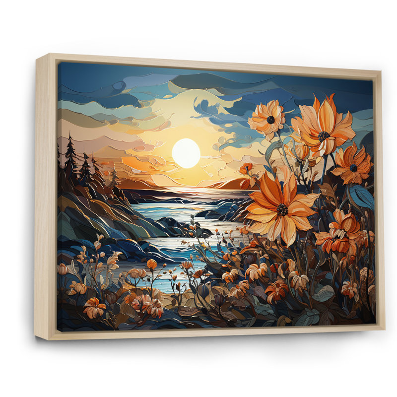Tournesols, art liquide, champ de fleurs sur toile, Cadre naturel flottant, H 12 po x l 20 po x P 1 po