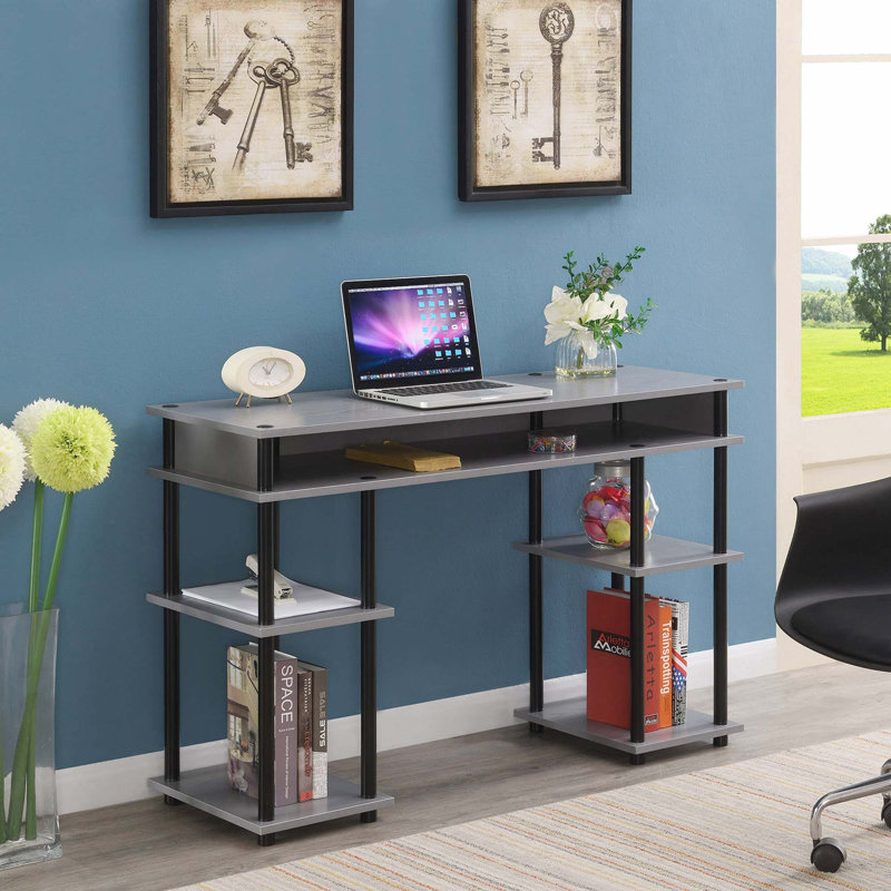 Bureau d'écriture avec tablettes sans outils Edwin, Gris / mâts noirs