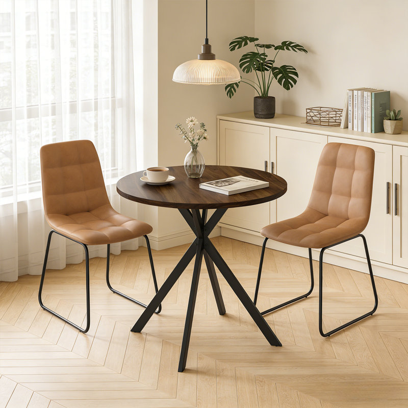 31.6 Inch Round Dining Table And Chairs For 2, Space Saving Modern Casual Coffee Table Set For Apartment Kitchen Dining Room Walnut Table & 2 Brown Chairs
