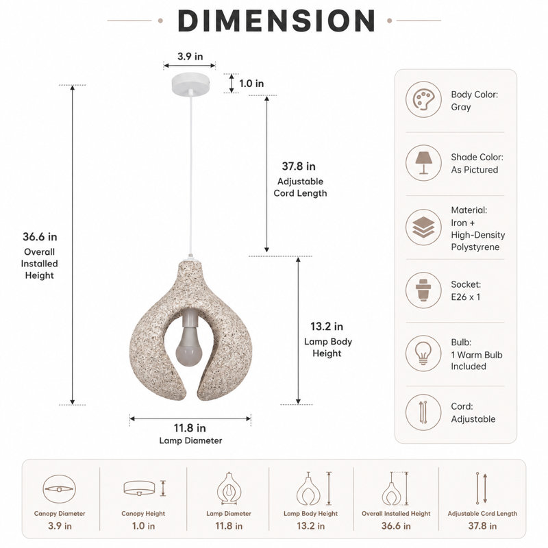 Luminaire suspendu 11,8 po Wabi-Sabi gris avec cordon réglable pour salle à manger, îlot de cuisine et chambre à coucher