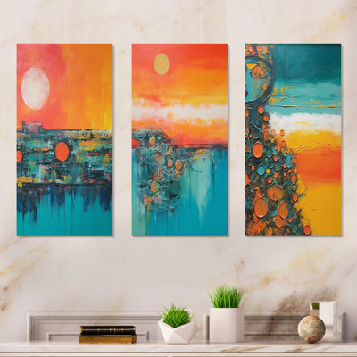 Minimalisme, bleu et orange, coucher de soleil, «Embrace I», ensemble de 3 reproductions d'art sur toile