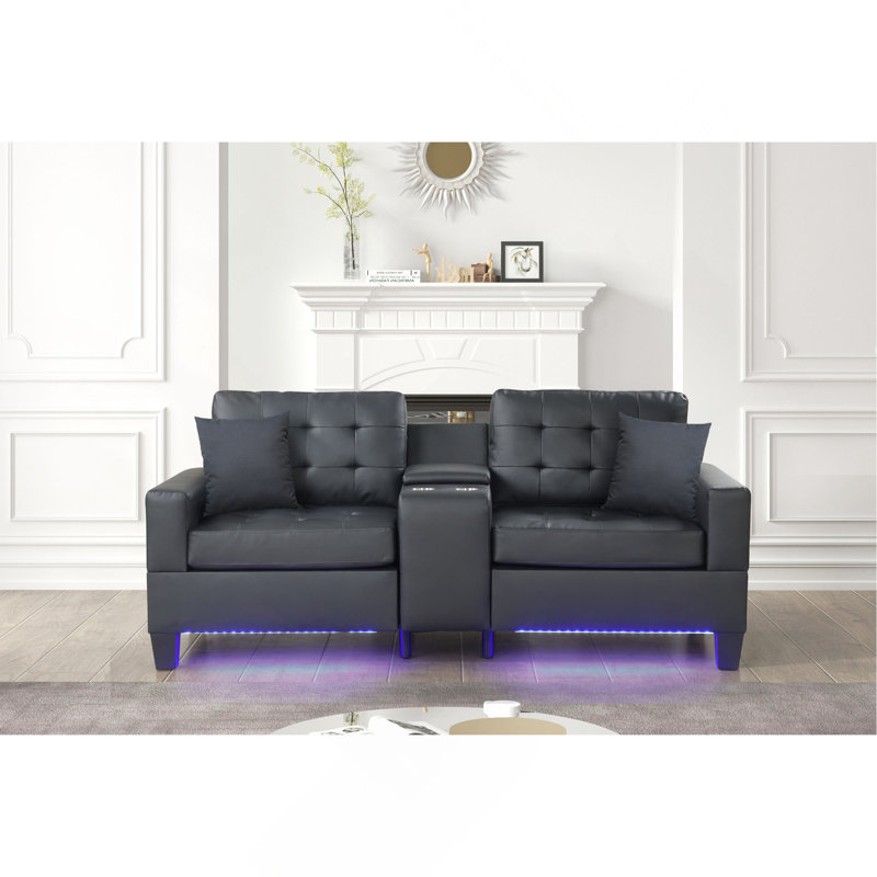 Canapé avec lumières DEL, chargeur USB, console de rangement, porte-gobelets, coussins capitonnés