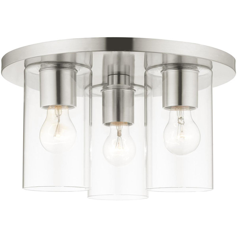 Plafonnier encastré 3 lumières avec abat-jour en verre transparent, Nickel brossé