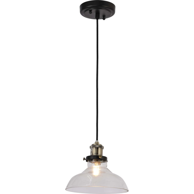 1-Light Black and Antique Brass Single Island Pendant Light with Clear Glass Dome Shade