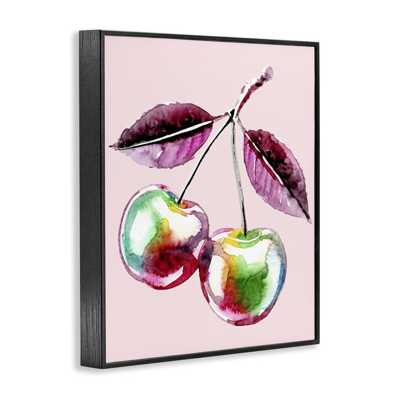 Cerise chromatique sur giclée rose encadrée, design par Lil 'Rue, H 14 po x l 11 po, Giclée encadrée noir minuit