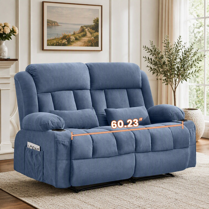 Causeuse inclinable pour le salon, dossier ergonomique avec porte-gobelets et poches latérales, Bleu