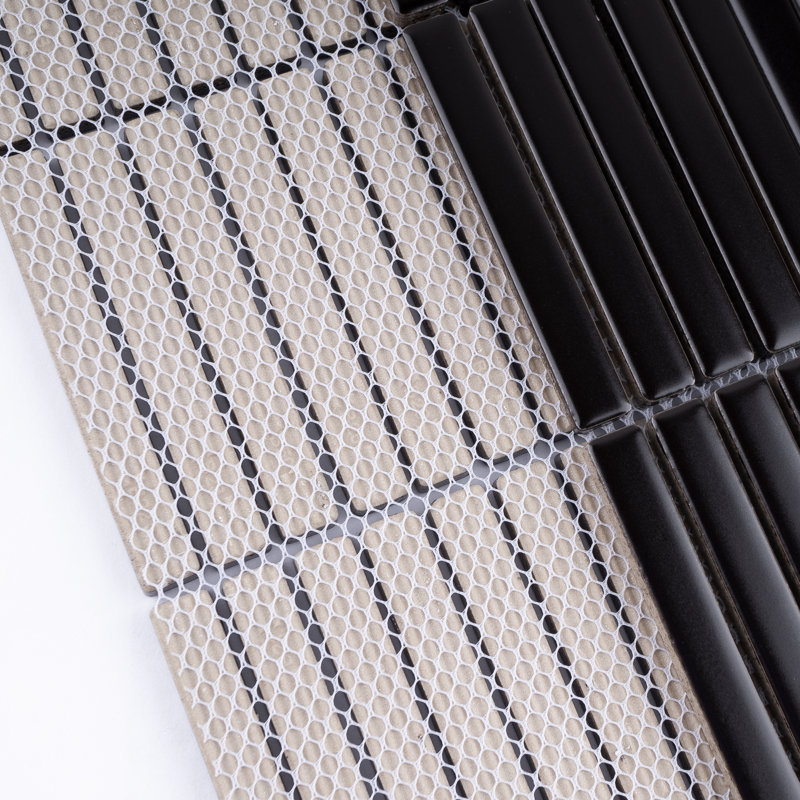 Porcetile 11.2 in. x 11.91 in. Stacked Porcelain Mosaic Wall and Floor Tile, Matte Black
