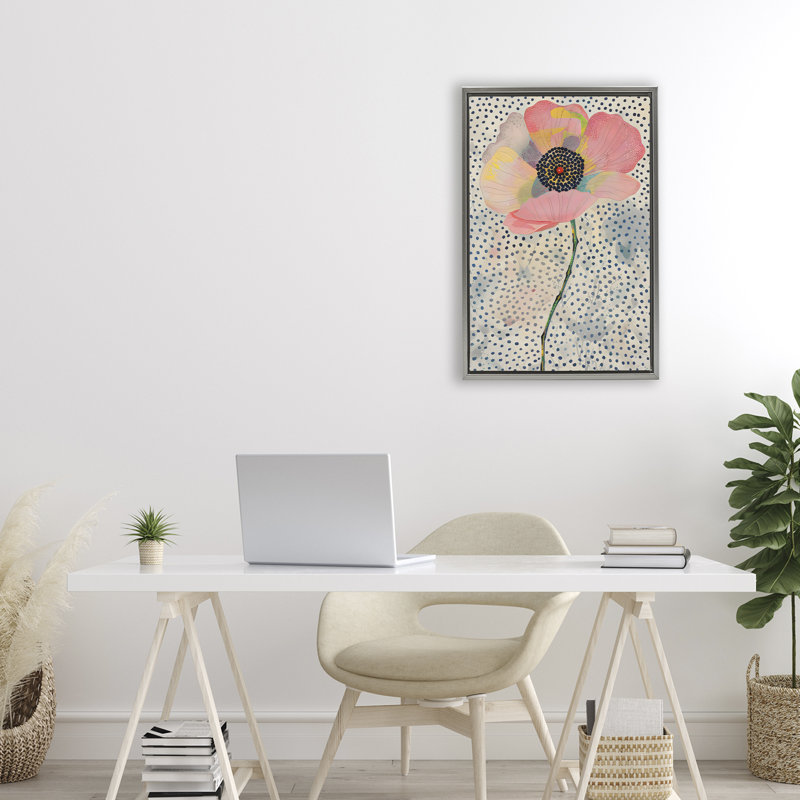 Cadre flottant à motif de pavot rose à pois, design par LSR Design Studio, H 25 po x l 17 po, Cadre flottant gris lustré