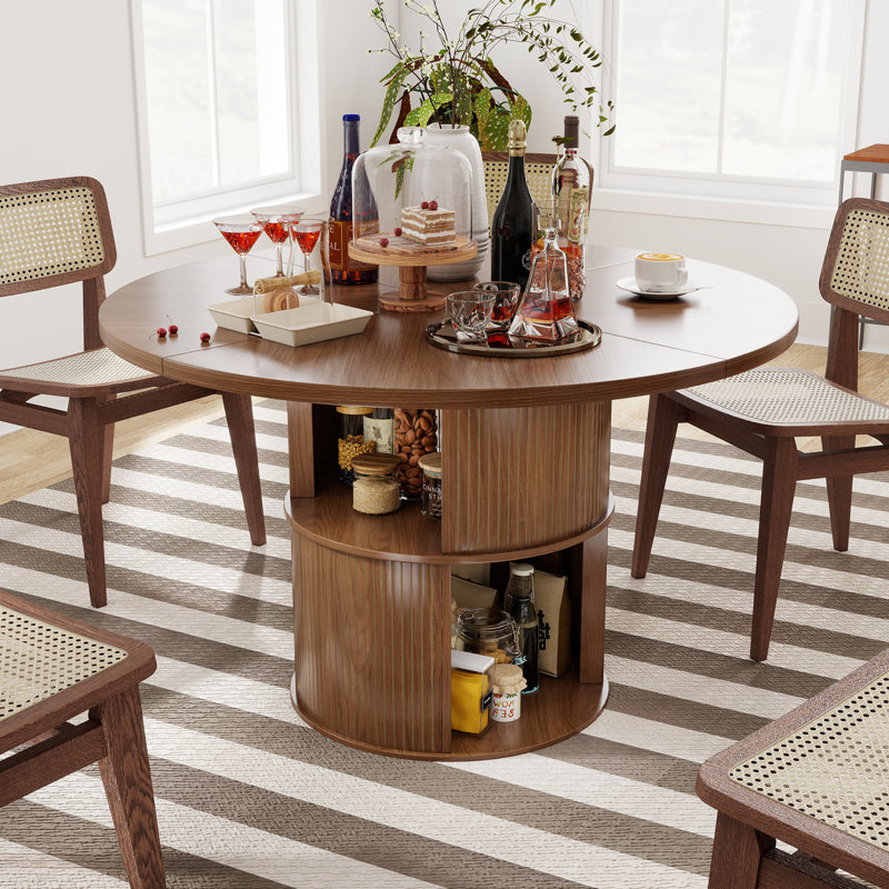 47.2” Round Dining Table For 4, Wood Farmhouse Kitchen Table With Wood 2-layer Storage Shelf Base, Walnut