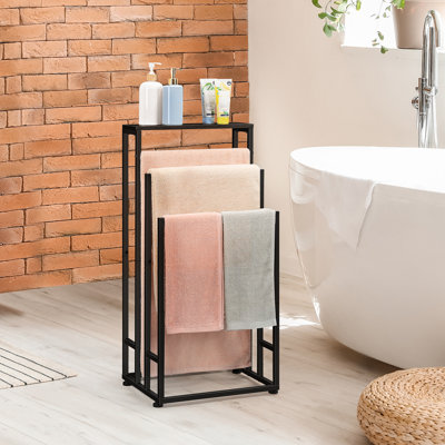 Floor-Standing Towel Rack With Wooden Top Shelf