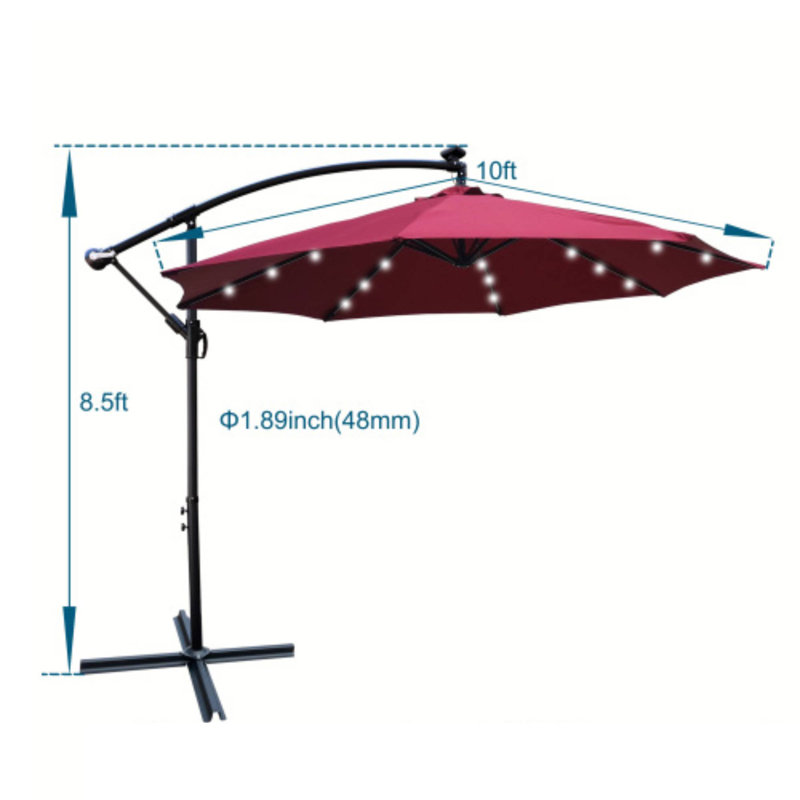 Parasol d'extérieur 10 pi avec lumière solaire DEL - 8 nervures, imperméable avec manivelle, Rouge