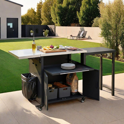 Chariot de barbecue pliable avec station de préparation pour l'extérieur avec rangement et roues