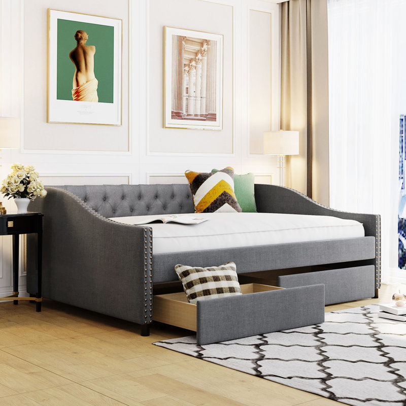 Upholstered Daybed With Two Drawers, Gray Fabric, Full Size Gray, Stable Support System, Gray