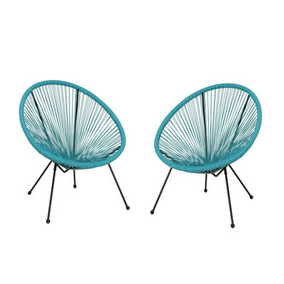 Set of 2 Teal Woven Patio Chairs – PE Rattan Basket Chair with Steel Frame, 26.25"W x 31.5"D x 31"H for Coastal or Lake House Decor