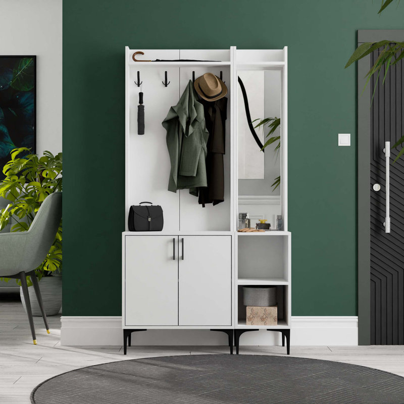 Meuble de couloir moderne avec support suspendu polyvalent, blanc, 27,6 po x 77,2 po x 13,8 po | Panneau de particules 100% mélaminé | Conception murale, de nombreuses tablettes pour un rangement supplémentaire, une solution d'entrée élégante et fonctionnelle