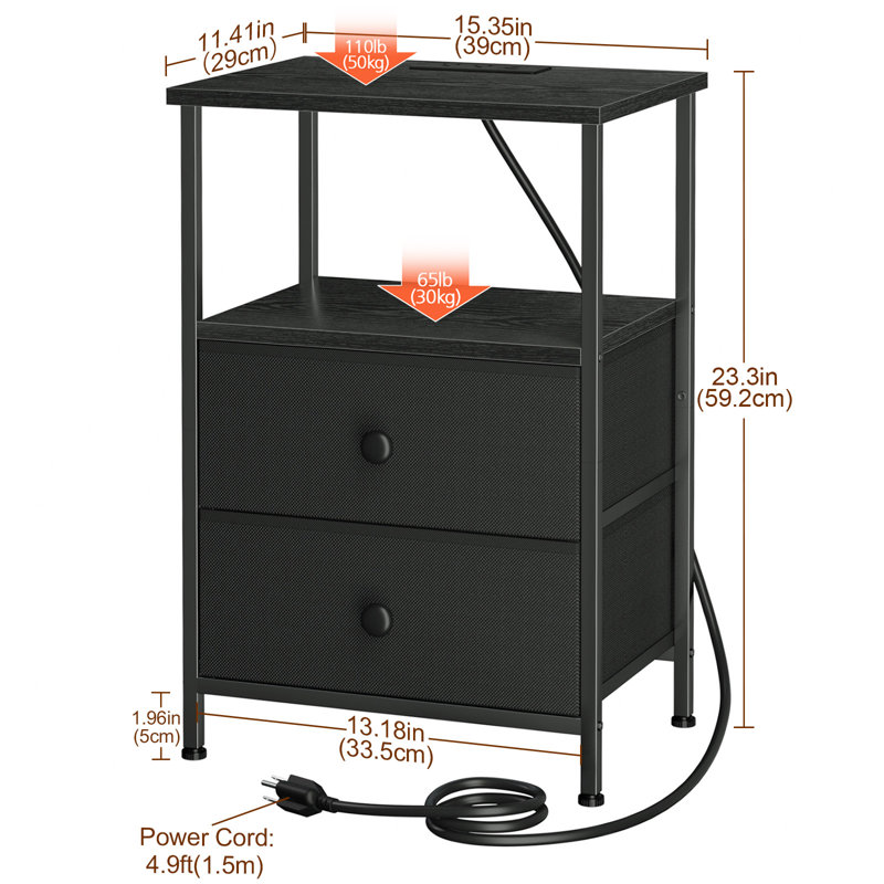 Petite table de chevet avec 2 tiroirs, station de charge, Black