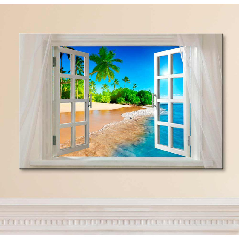 «Serene Coastal Nautical Palm Tree And Beach Open Window» sur toile, H 24 po x l 36 po