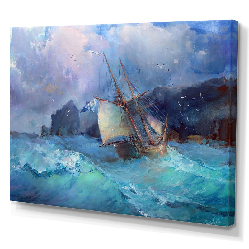 Illustration d'un vieux voilier colonial en tempête IV - Nautique et côtier, H 8 po x l 12 po x P 1 po, Toile tendue