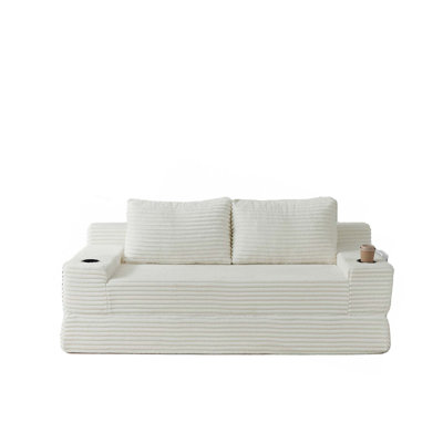 Canapé-lit deux-en-un en velours côtelé de 70,8 pouces, comprenant un fauteuil avec deux coussins décoratifs, des porte-gobelets intégrés dans les accoudoirs et des poches de rangement latérales.