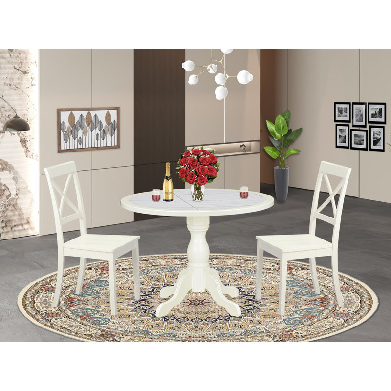 L'ensemble de table de cuisine 3 pièces comprend une table ronde et 2 chaises de salle à manger Mid-Century en bois avec dossier en X - Lin blanc 