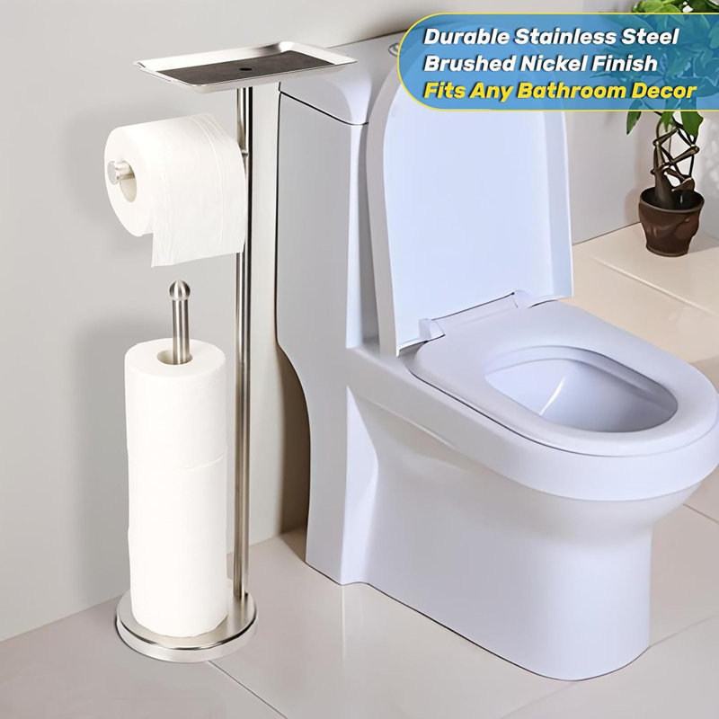 Distributeur de papier hygiénique pour salle de bain - Support autoportant en nickel brossé avec tablette supérieure pour téléphone portable, rangement pour 4 rouleaux