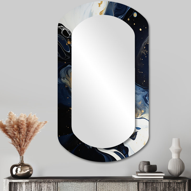 Gold and blue Abstract liquid ink serenade of swirls IV - Liquid Ink Asymmetrical Wall Mirror, Modern Cylinder Decorative Mirror, Printed Metal Art