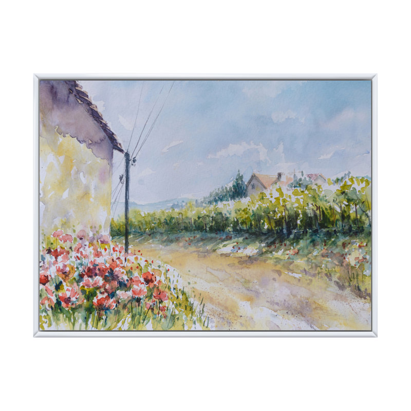 Fleurs de coquelicot par une campagne - peinture sur toile, H 12 po x l 20 po, Cadre flottant blanc