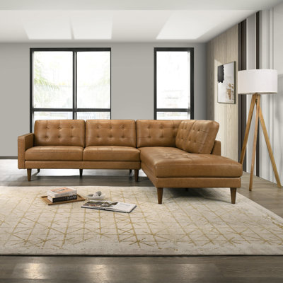 Peart L-Shaped Top-Grain Leather Sectional Sofa & Chaise with Tufted Design