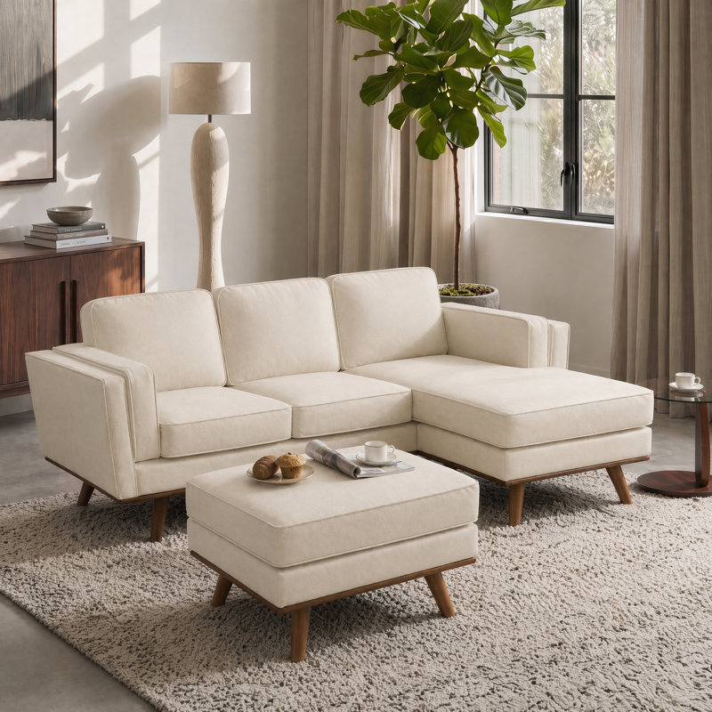 2-Piece Upholstered Square Arm Sofa Set, Beige Chenille