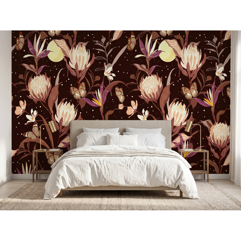 Panneau de papier peint adhésif brun floral L 8,33 pi x l 100 po, l 125 po x H 125 po, vinyle autocollant, 125"W x 125"H