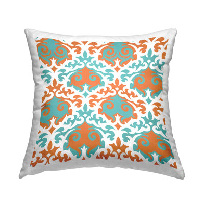 Coussin décoratif à motif damassé orange et bleu par Irena Orlov