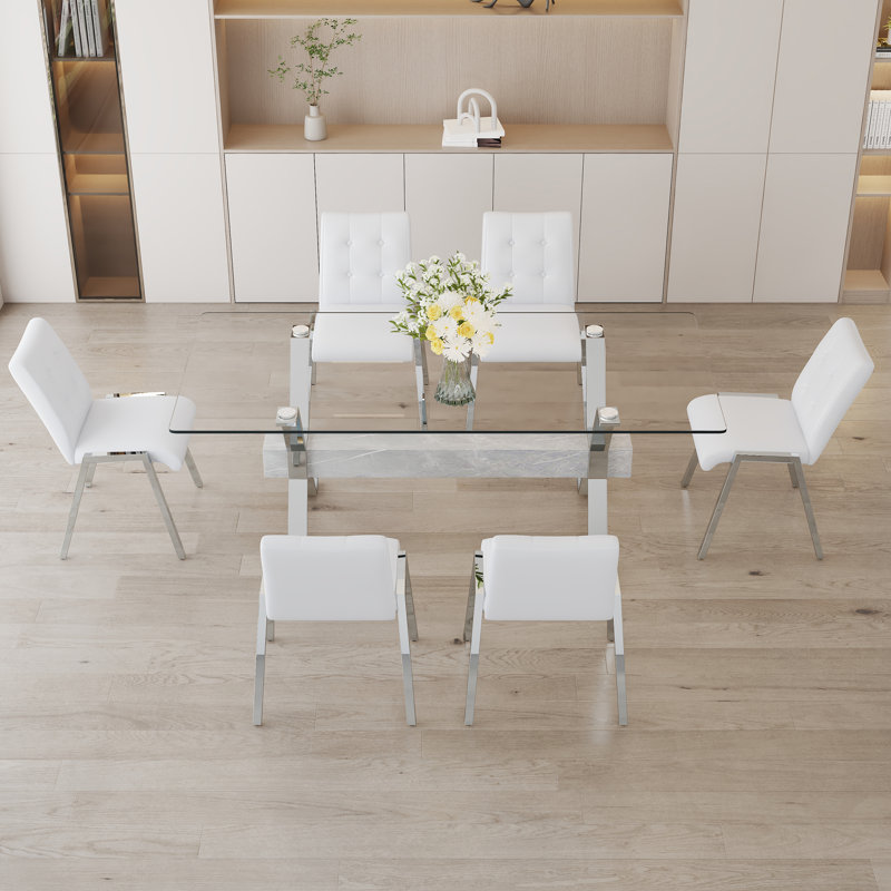 Ensemble de table de salle à manger, Argent/blanc, Blanc, 7