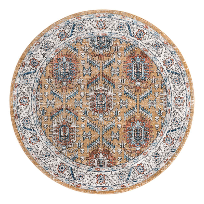 Weingartner Performance Mustard Yellow/Ivory/Blue Rug, Round 7'