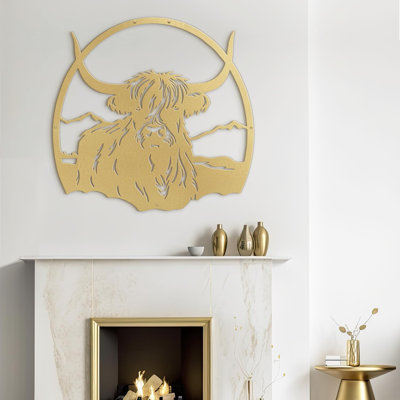 Highland Cow with Mountain Minimalist Modern Animal Metal Wall Art Decor Wall Sculpture Hangings