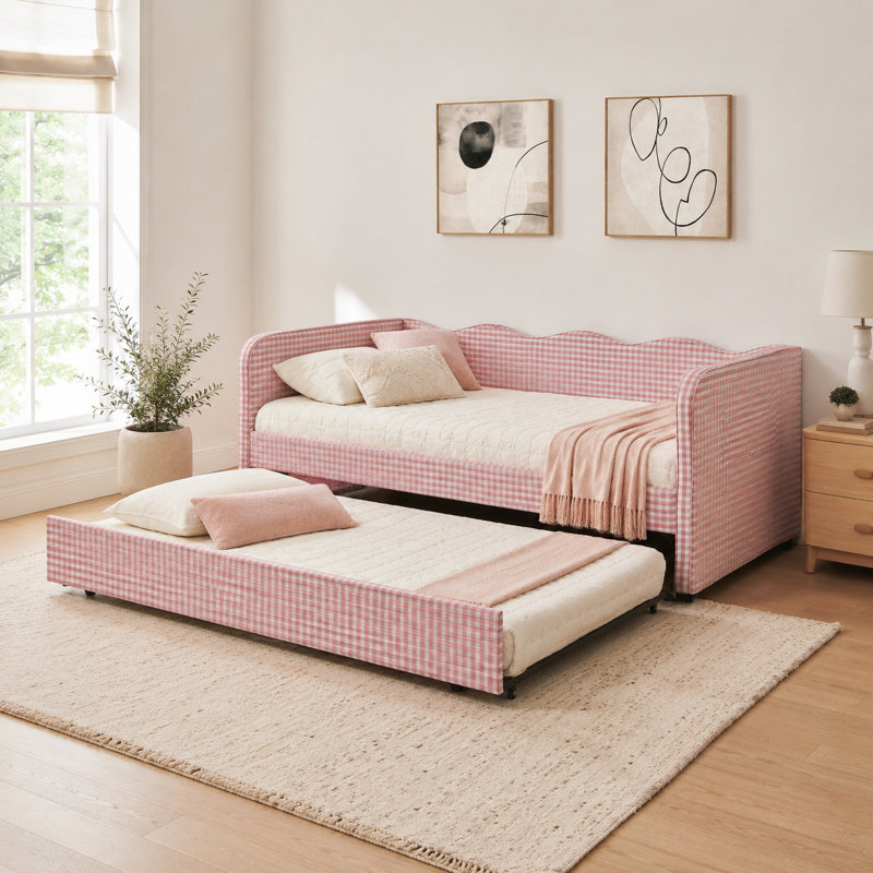 Lit de jour double rembourré Elowavelle de 82 po avec lit gigogne escamotable, tissu vichy et poches de rangement latérales