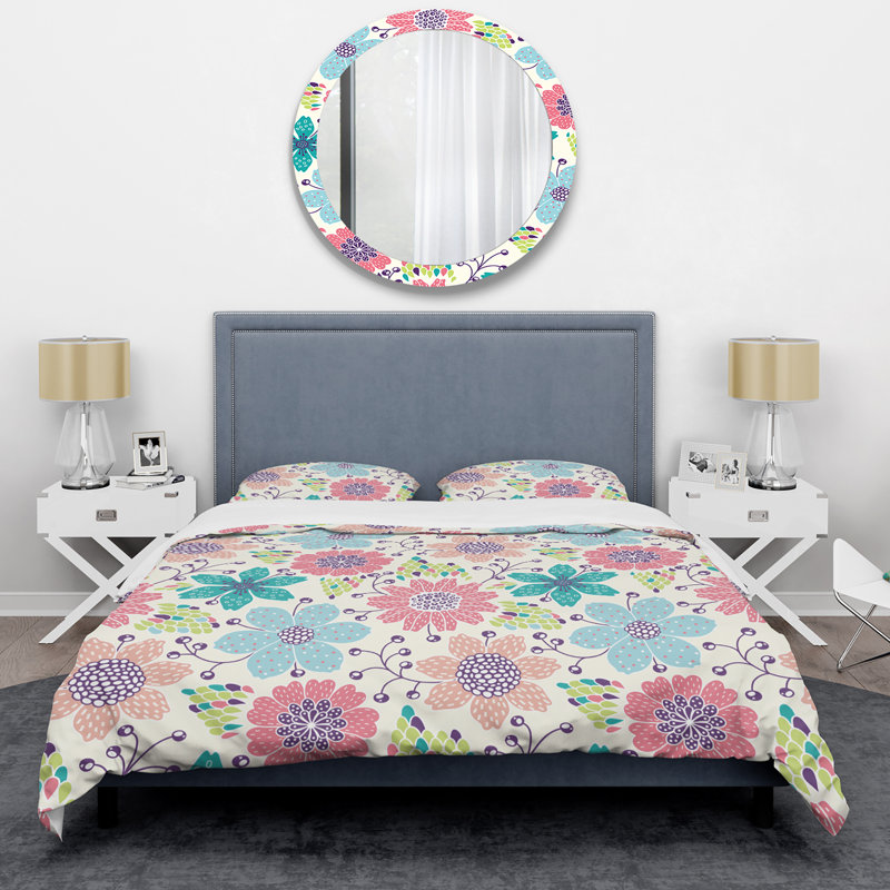 Ensemble de housse de couette en microfibre bleu et rose, Housse de couette pour grand lit et 2 taies décor