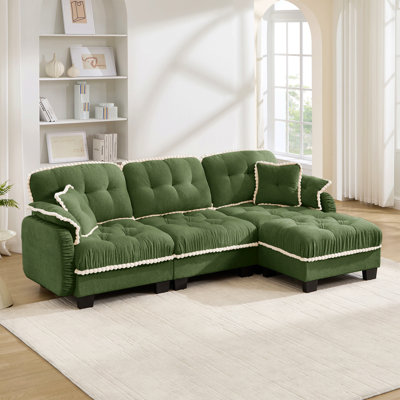 Canapé en forme de L en chenille avec 4 coussins, repose-pieds mobile à garniture pom-pom capitonnée, conception ergonomique, canapé à assise profonde facile à assembler pour le salon, le bureau